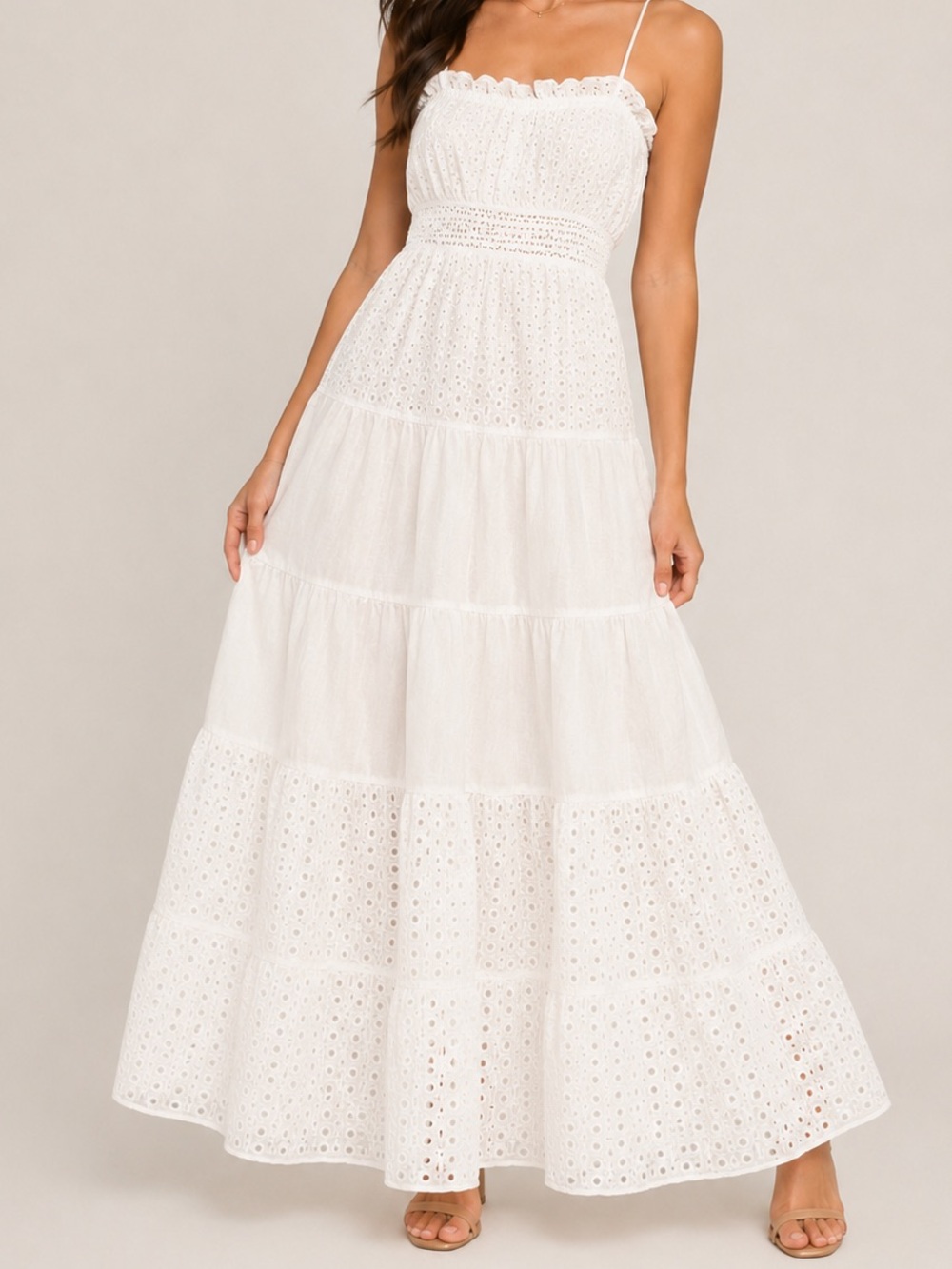 O.P.T One Pretty Time White Eyelet Tiered Spaghetti-Strap Maxi Dress NWT M